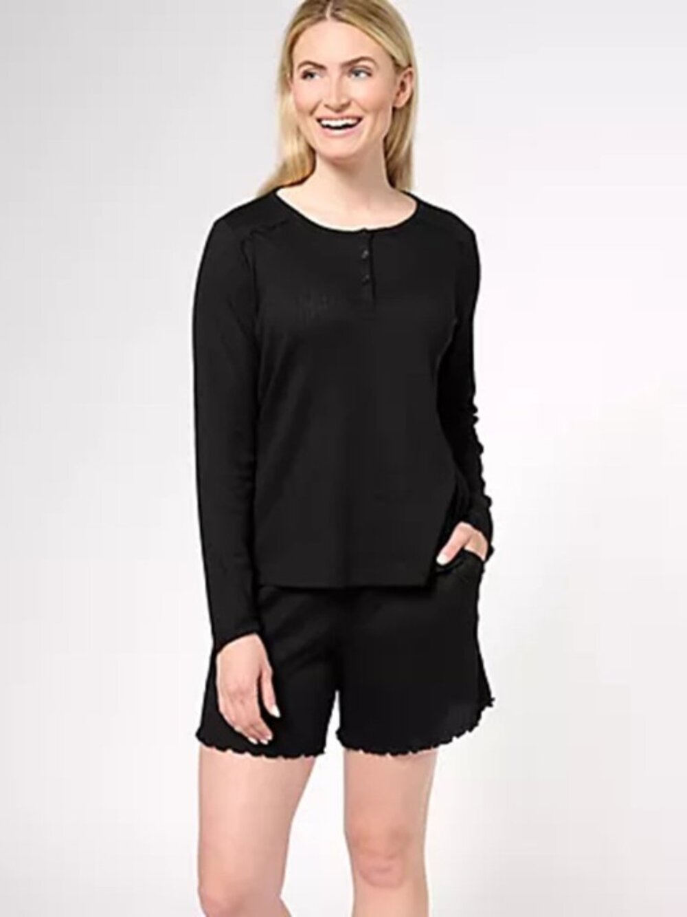 AnyBody Ribbed Pointelle Henley Lounge/Sleep Set Black 4X